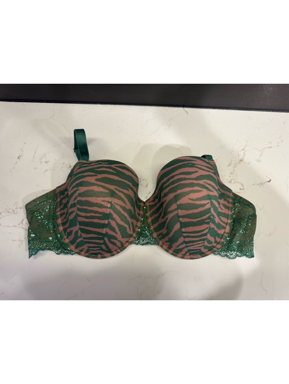 THIRDLOVE zebra print lace Demi green tan bra 42C Glitter
